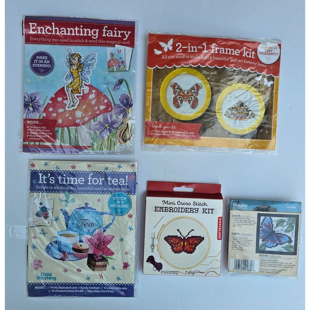 Lot of 5 CROSS STITCH KITs Fairy Butterfly Tea Cards Flower GIFT Bundle New DIY
